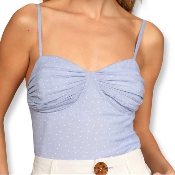 NWT Lulu's Easy In Love Blue Spaghetti Strap Polka Dot Bodysuit - Size XS - Picture 1 of 11